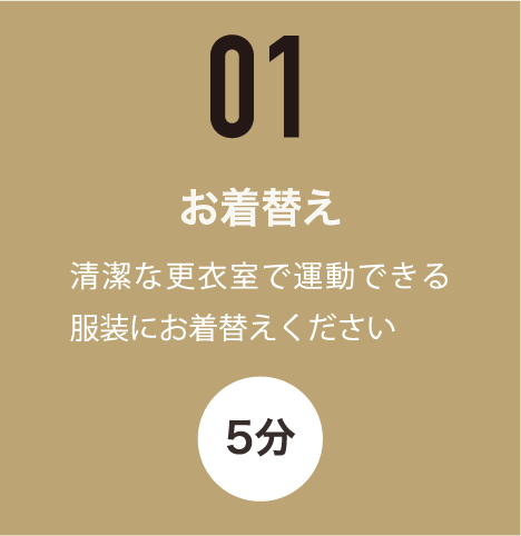 お着替え - 清潔な更衣室で運動できる服装にお着替えください（5分）
